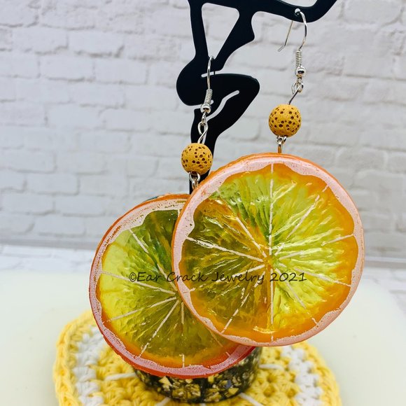 Hand Crafted- Resin Orange Dangle Earrings - Picture 2 of 7